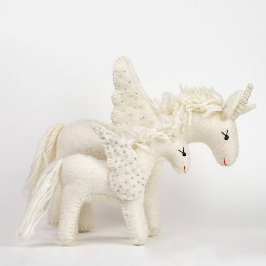 Sparkles the white unicorn hand-felted wool toy, alternate view