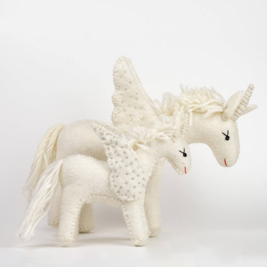 Sparkles the white unicorn hand-felted wool toy, alternate view