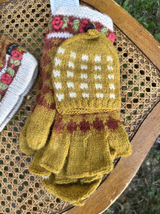 Golden Rose mustard flip-top mittens with rose trim