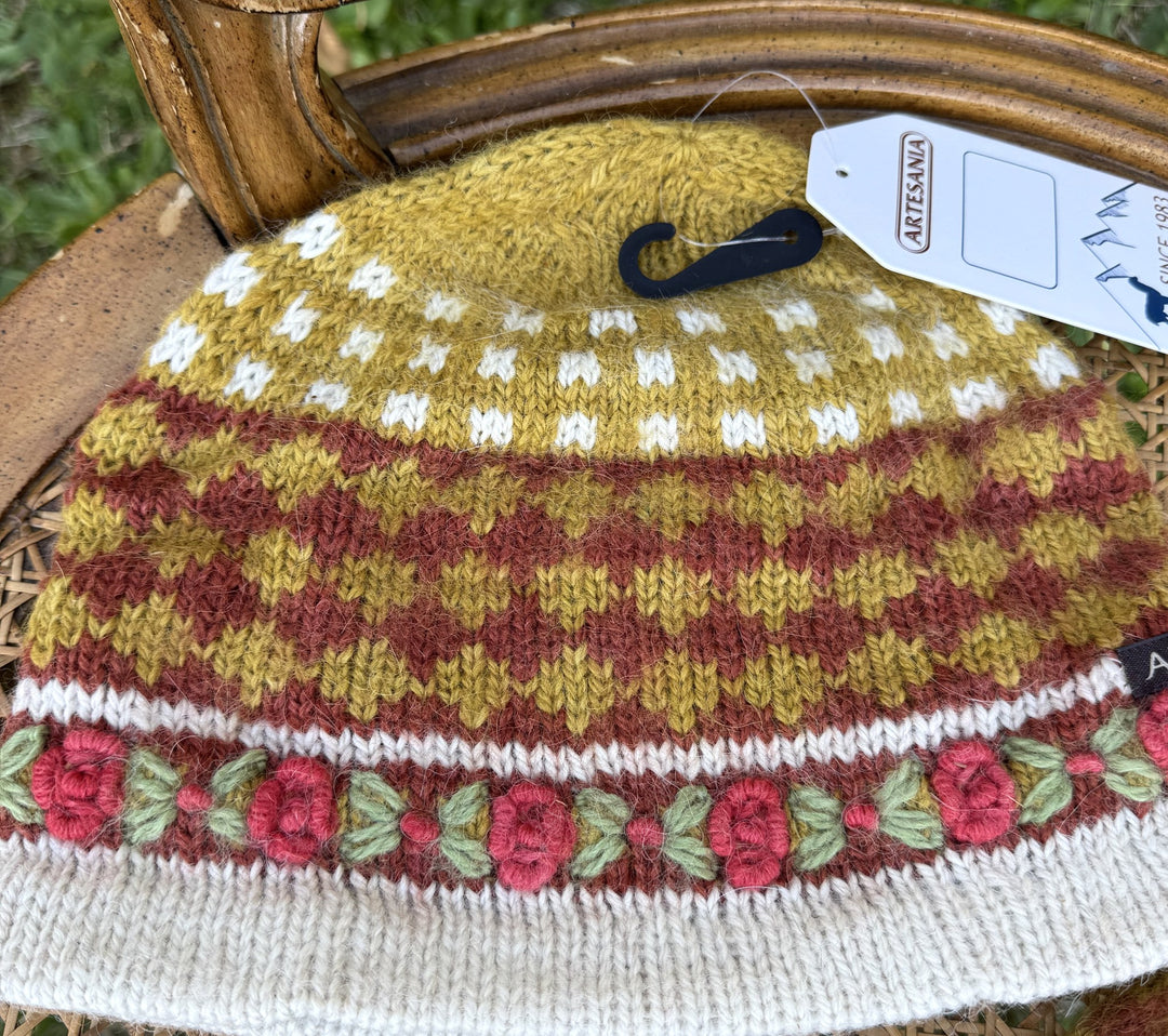 Golden Rose gingham hat with embroidered rose band