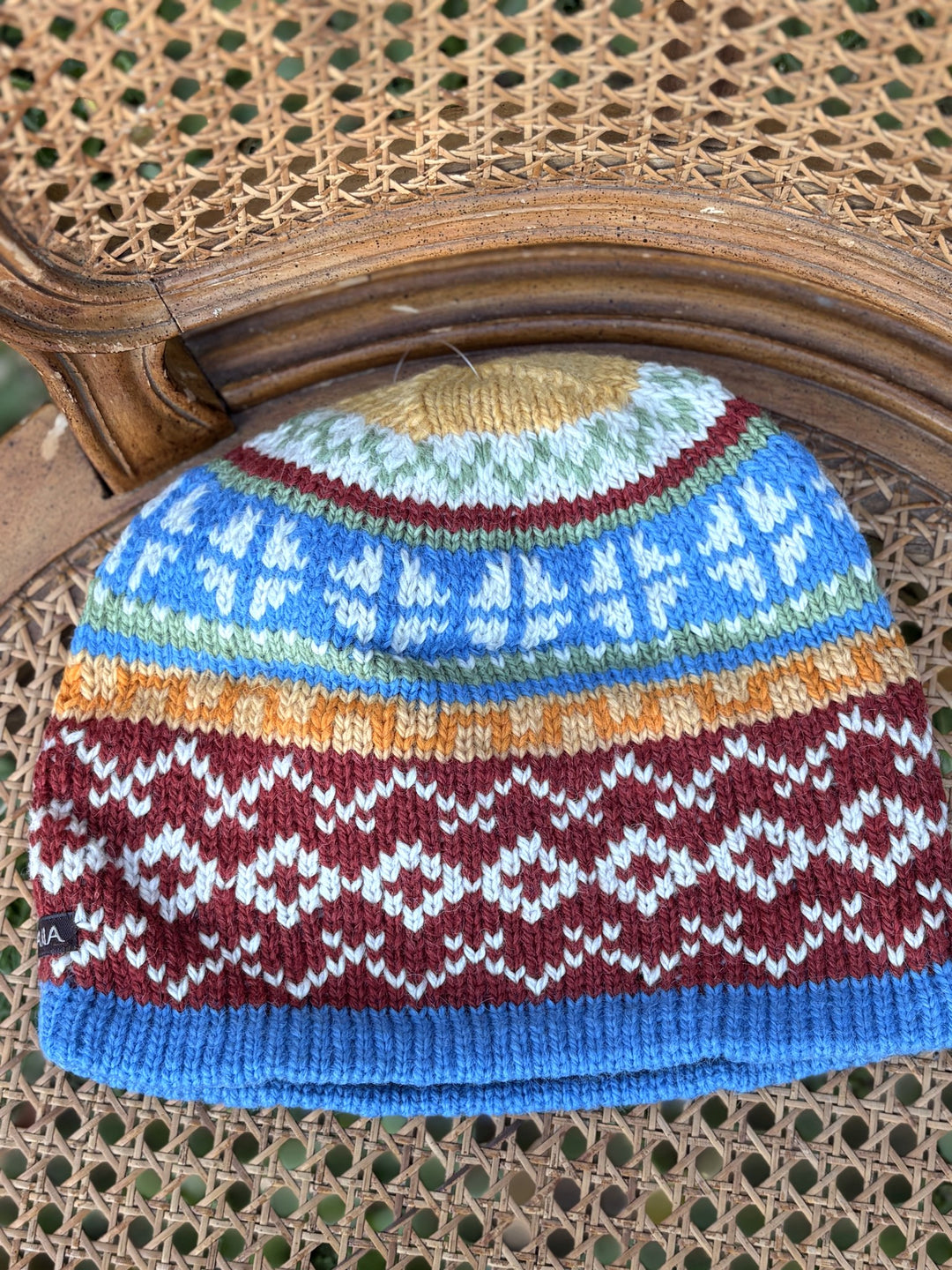 Harvest Sky fair isle hat in sky blue, gold and deep red