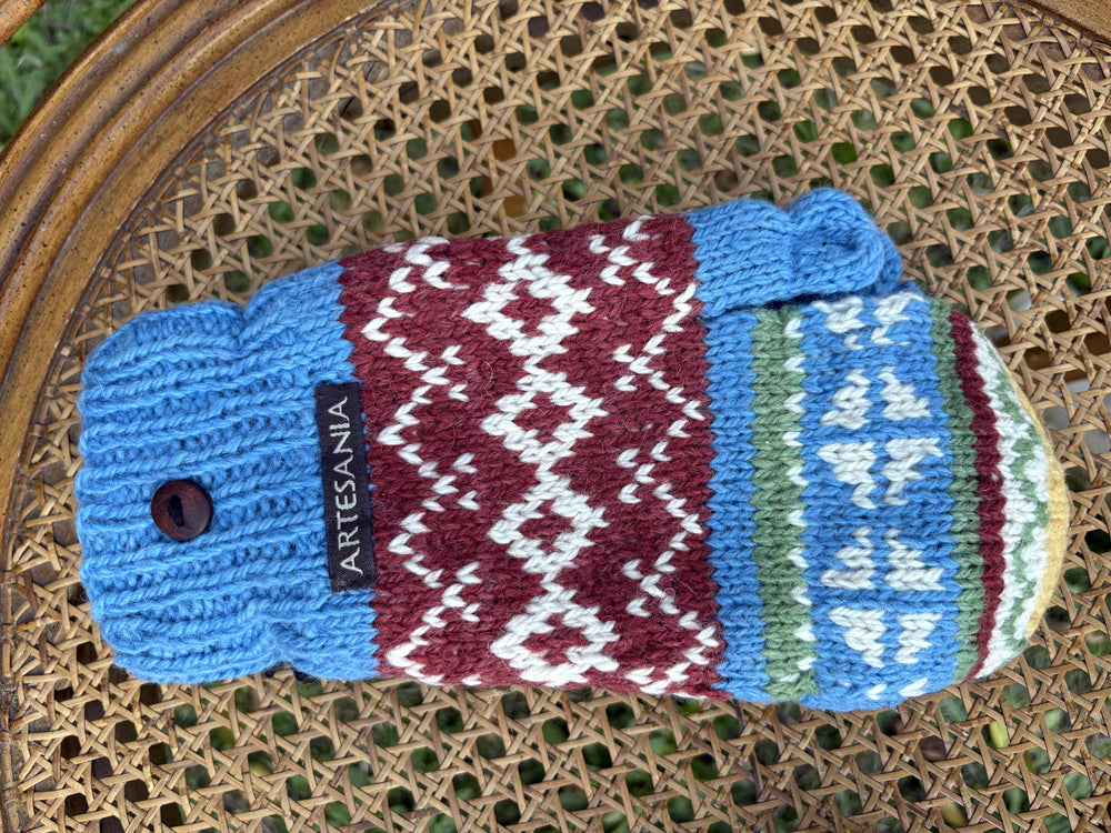 Harvest Sky flip-top mitten, back with red diamond pattern