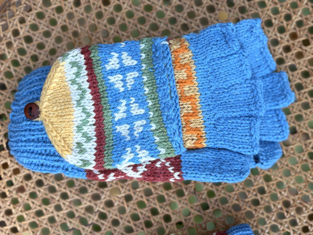 Harvest Sky flip-top mitten in sky blue with golden cap