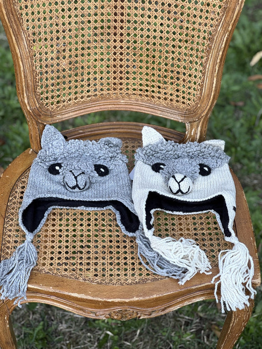 Kids alpaca face earflap hats in gray and cream