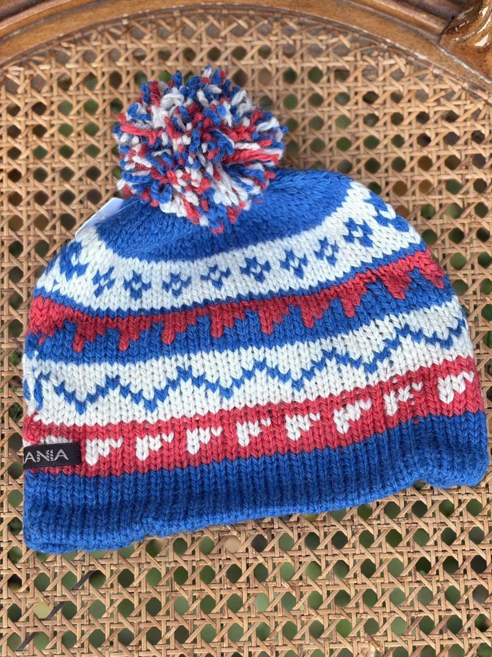 Kids fair isle pom beanie in red, white and blue