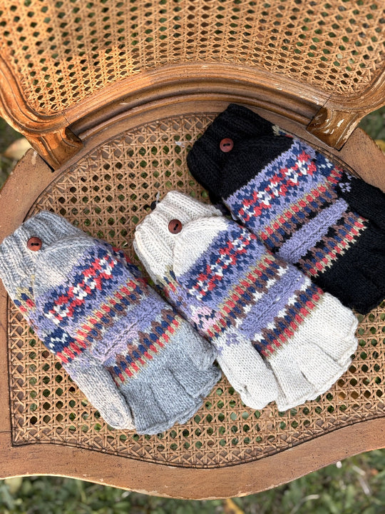Lilac Frost flip-top mittens in gray, cream and black