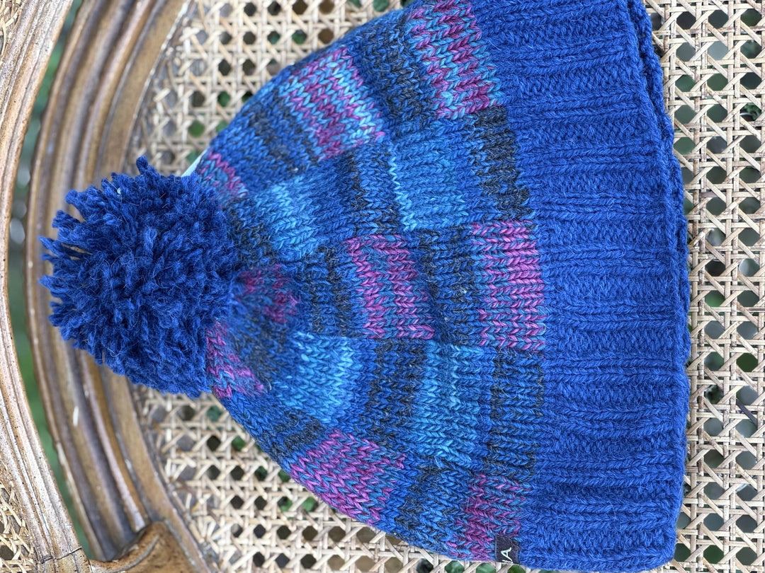 Patchwork pom hat in blue, purple and pink