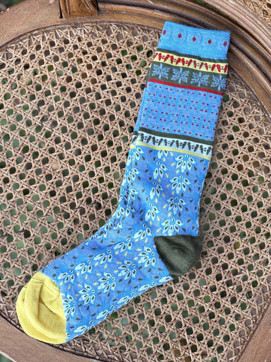 Peacock Garden alpaca sock in blue with golden toe