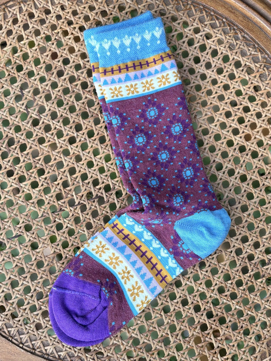Rosewood folk floral alpaca sock with sky blue heel and purple toe