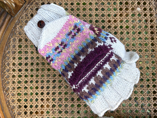Rosy Snowfall flip-top mitten in cream with pink and purple fair isle