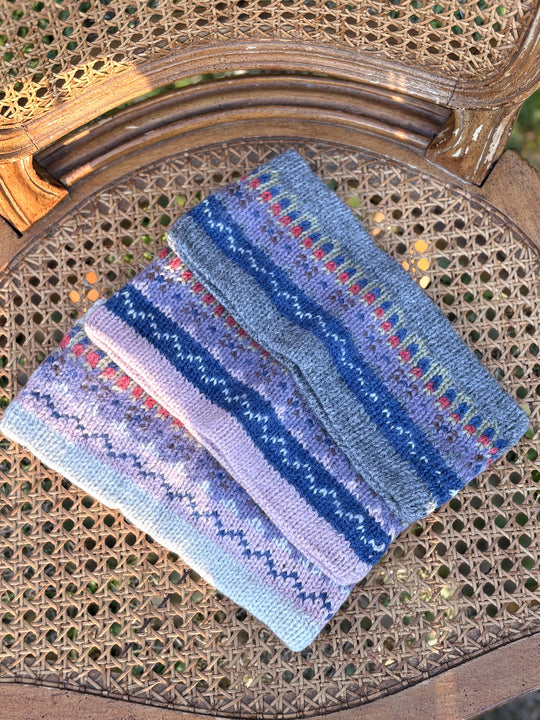 Snowfall fair isle headbands in gray, lavender and pale blue