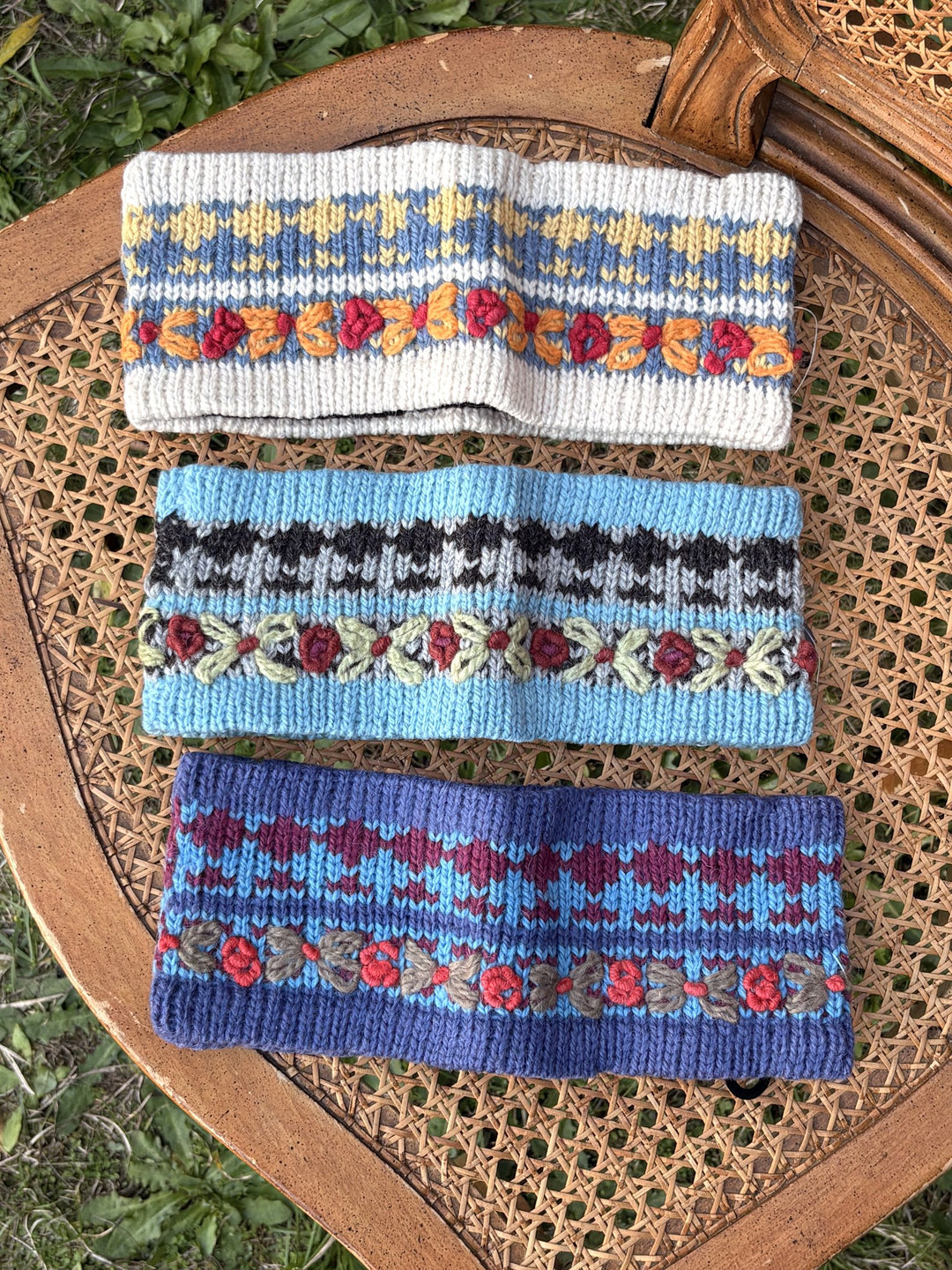 Wildflower headbands in cream, royal blue and light blue with embroidered flowers